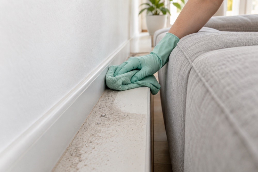 A gloved hand wiping a dusty ledge behind a sofa