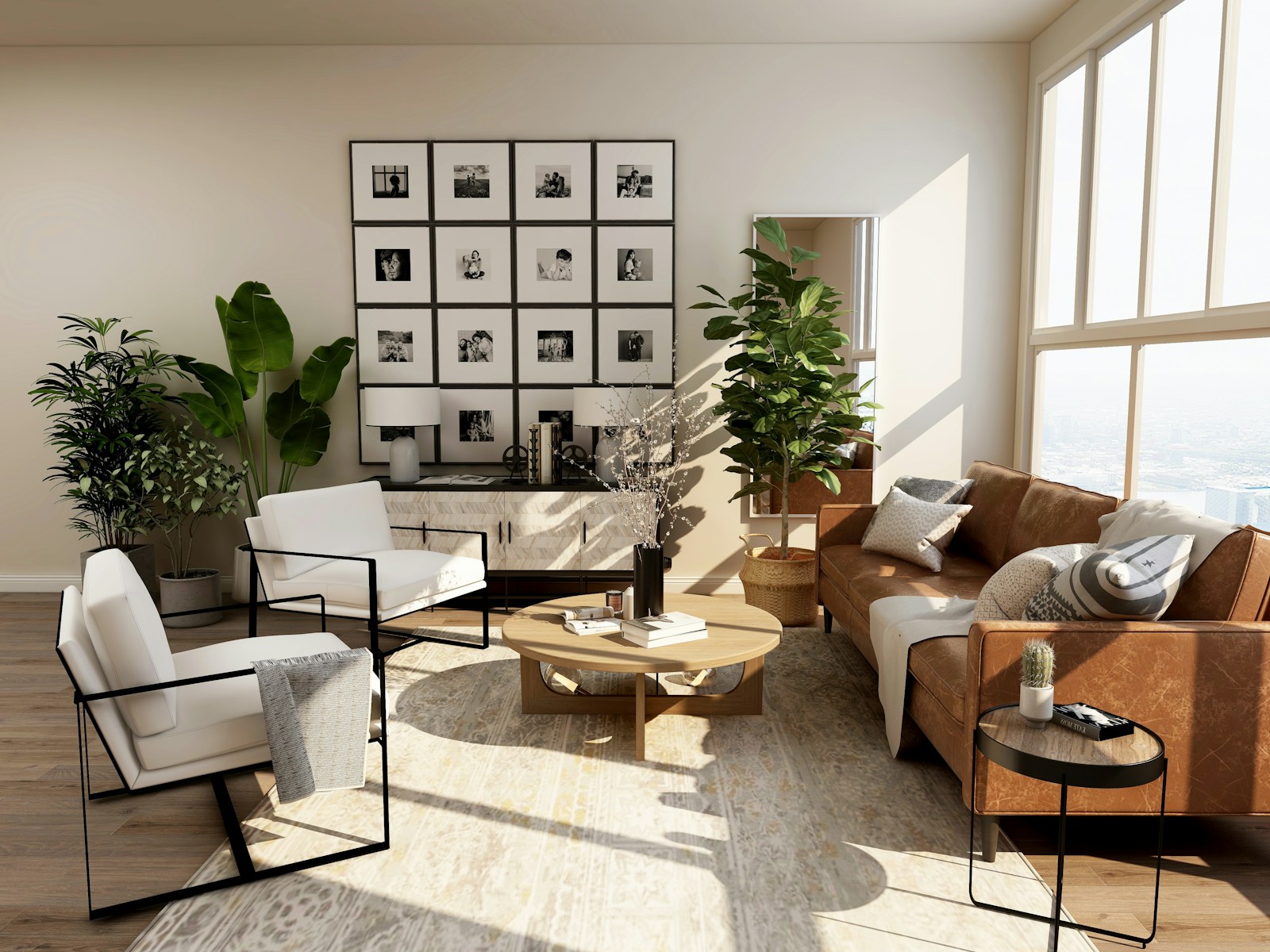 A sunlit living room with white armchairs, a tan sofa and leafy plants