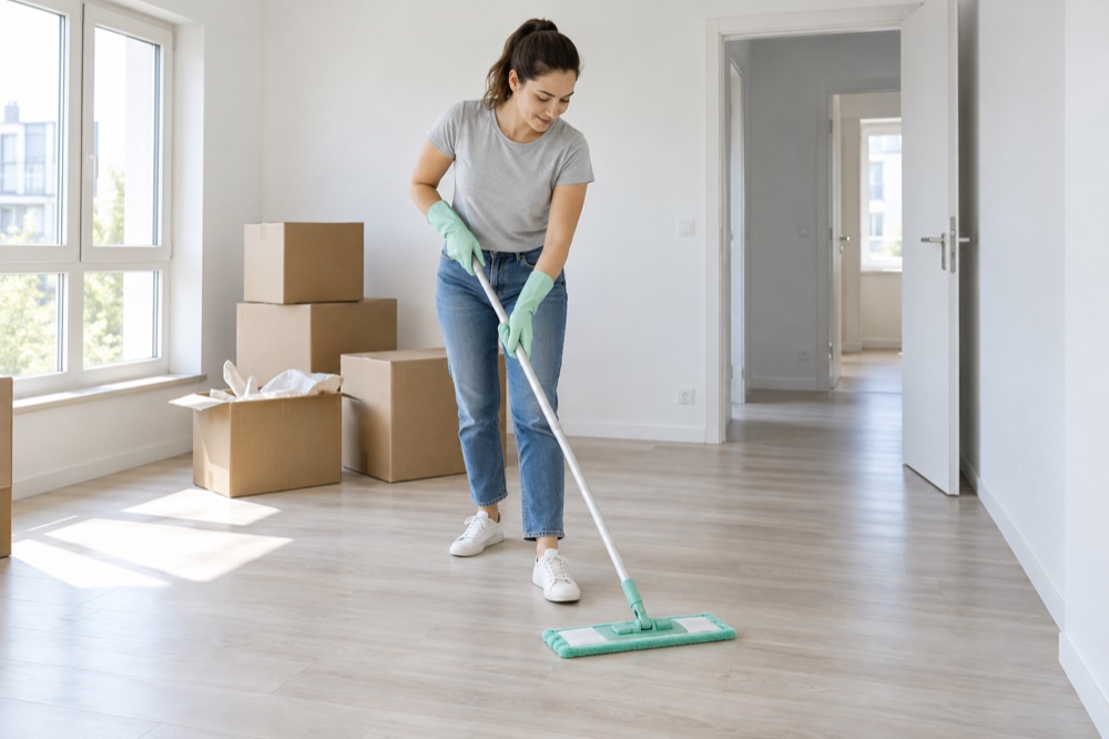 A cleaner mopping an empty apartment beside moving boxes